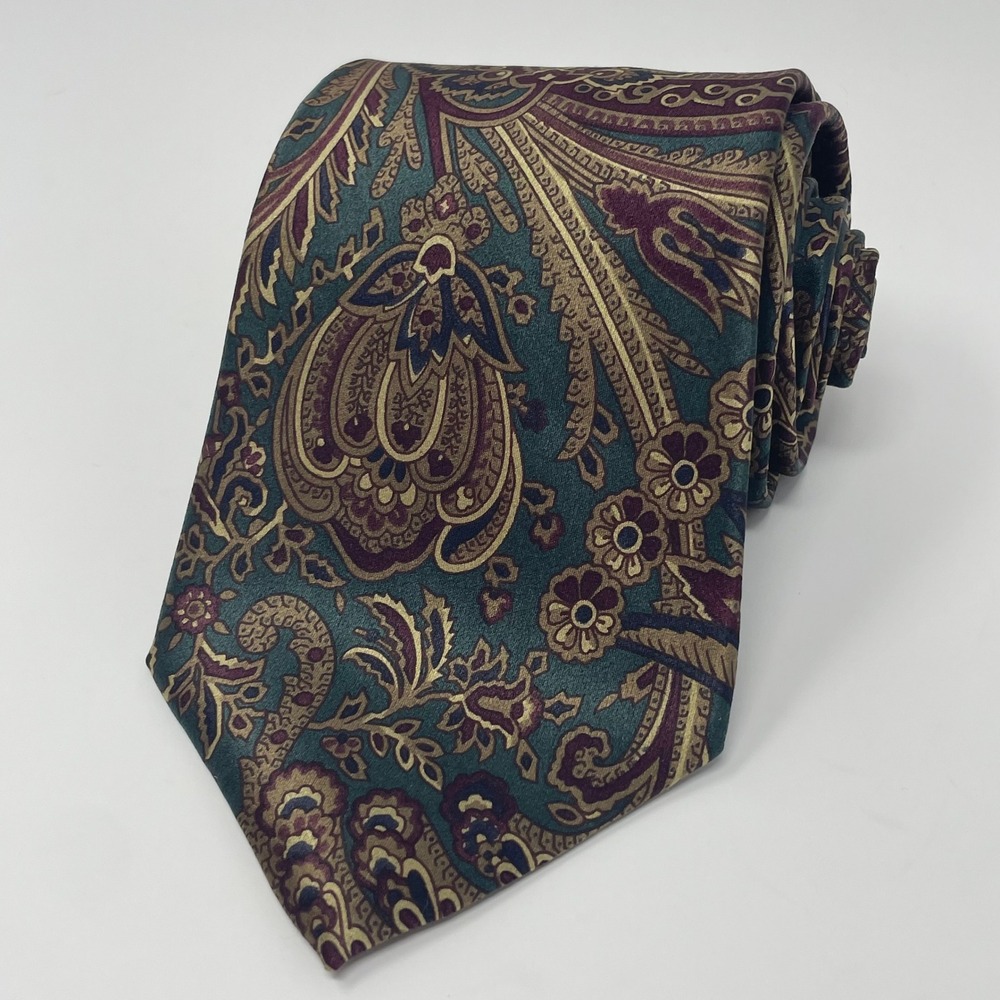 Christian Dior Monsieur Mens Silk Tie Teal Burgundy Gold Paisley Floral Made USA
